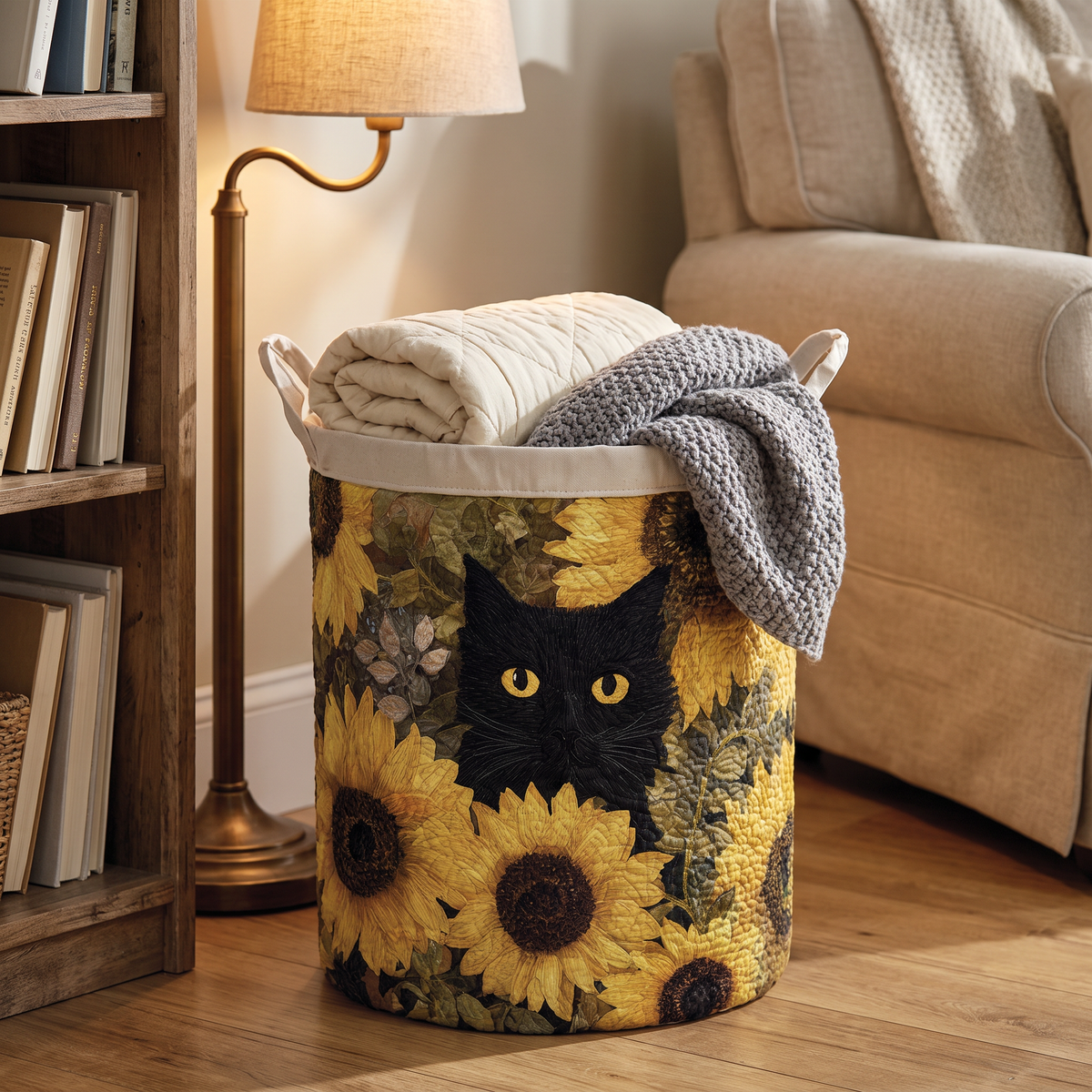 Quilted Laundry Basket - Black Cat and Sunflower