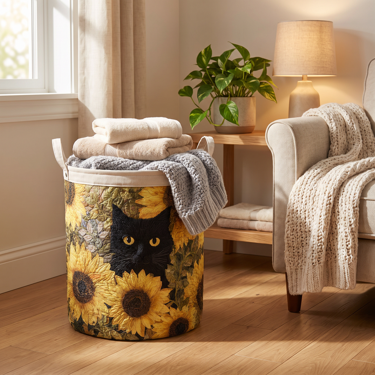 Quilted Laundry Basket - Black Cat and Sunflower