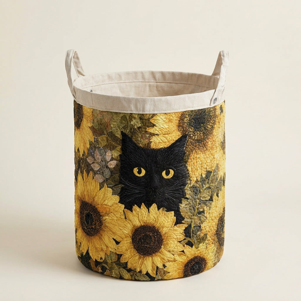 Quilted Laundry Basket - Black Cat and Sunflower, studio photo