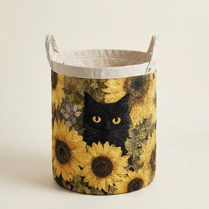 Quilted Laundry Basket - Black Cat and Sunflower, studio photo
