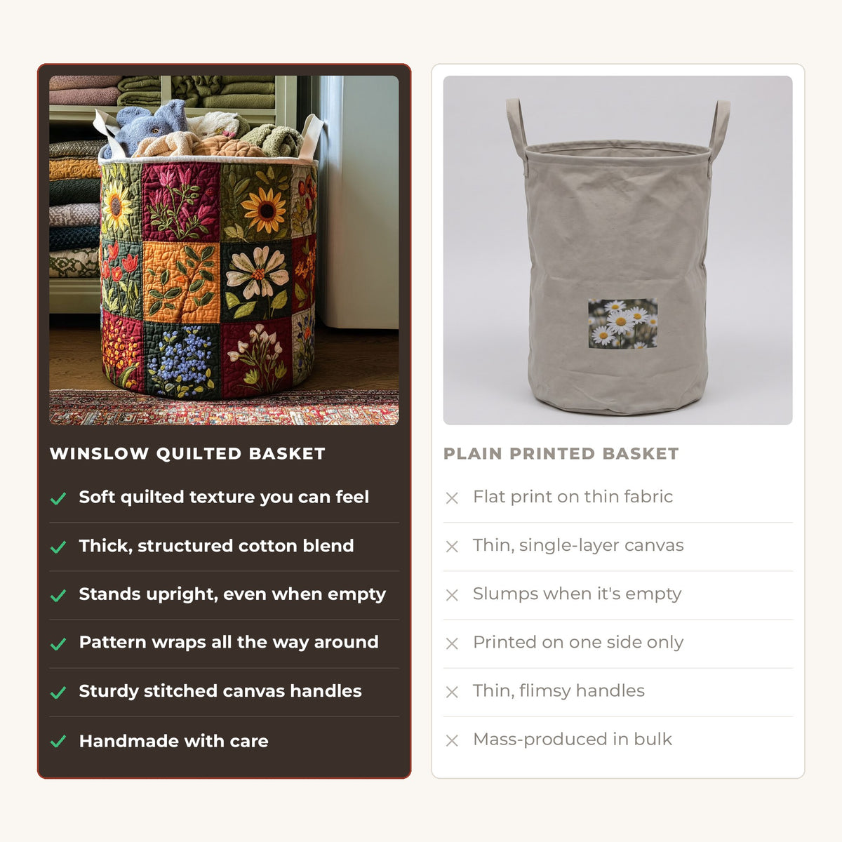 Quilted Laundry Basket - Bloom Shine compared with a plain printed basket