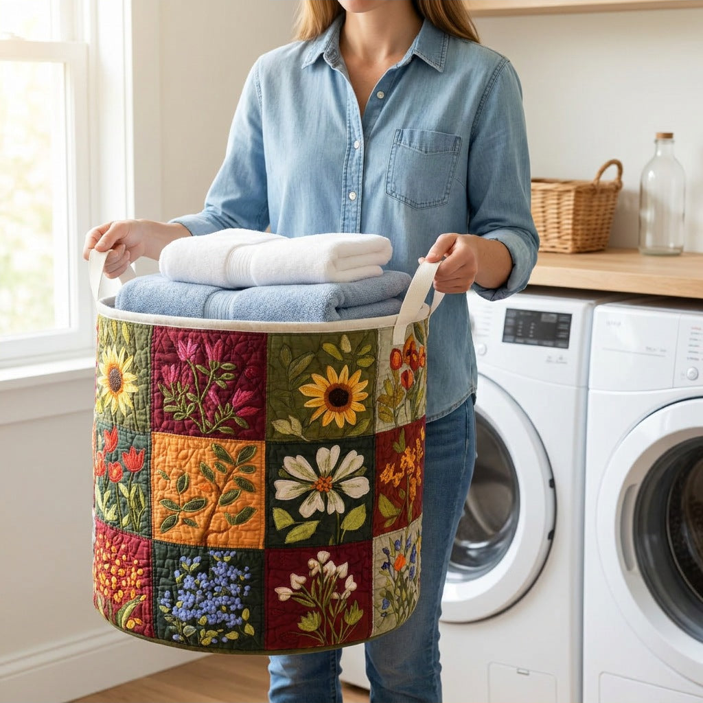 Quilted Laundry Basket - Bloom Shine held in a laundry room, filled with towels