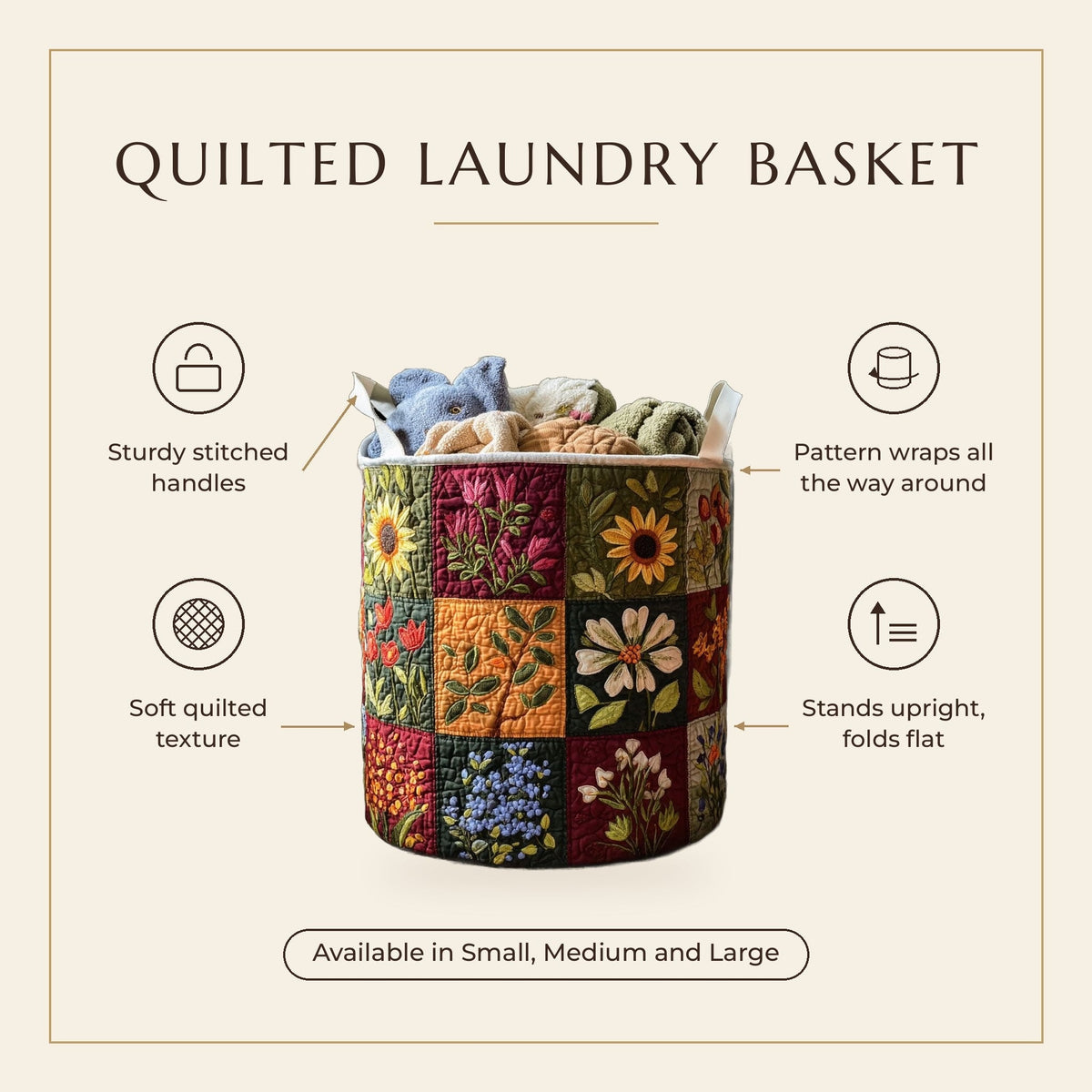 Quilted Laundry Basket - Bloom Shine features infographic