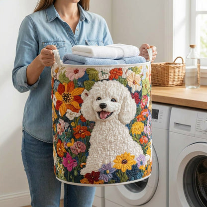 Quilted Laundry Basket - Blooming Fields held in a laundry room, filled with towels