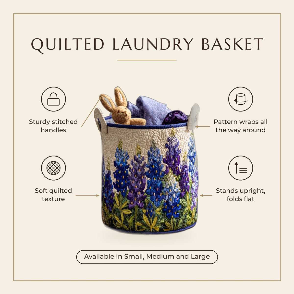 Quilted Laundry Basket - Blue Lupin features infographic