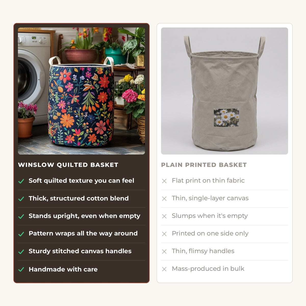 Quilted Laundry Basket - Bohemian Patchwork compared with a plain printed basket