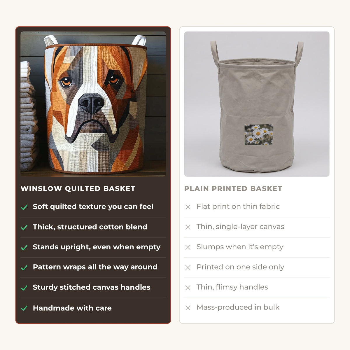 Quilted Laundry Basket - Bold Boxer compared with a plain printed basket