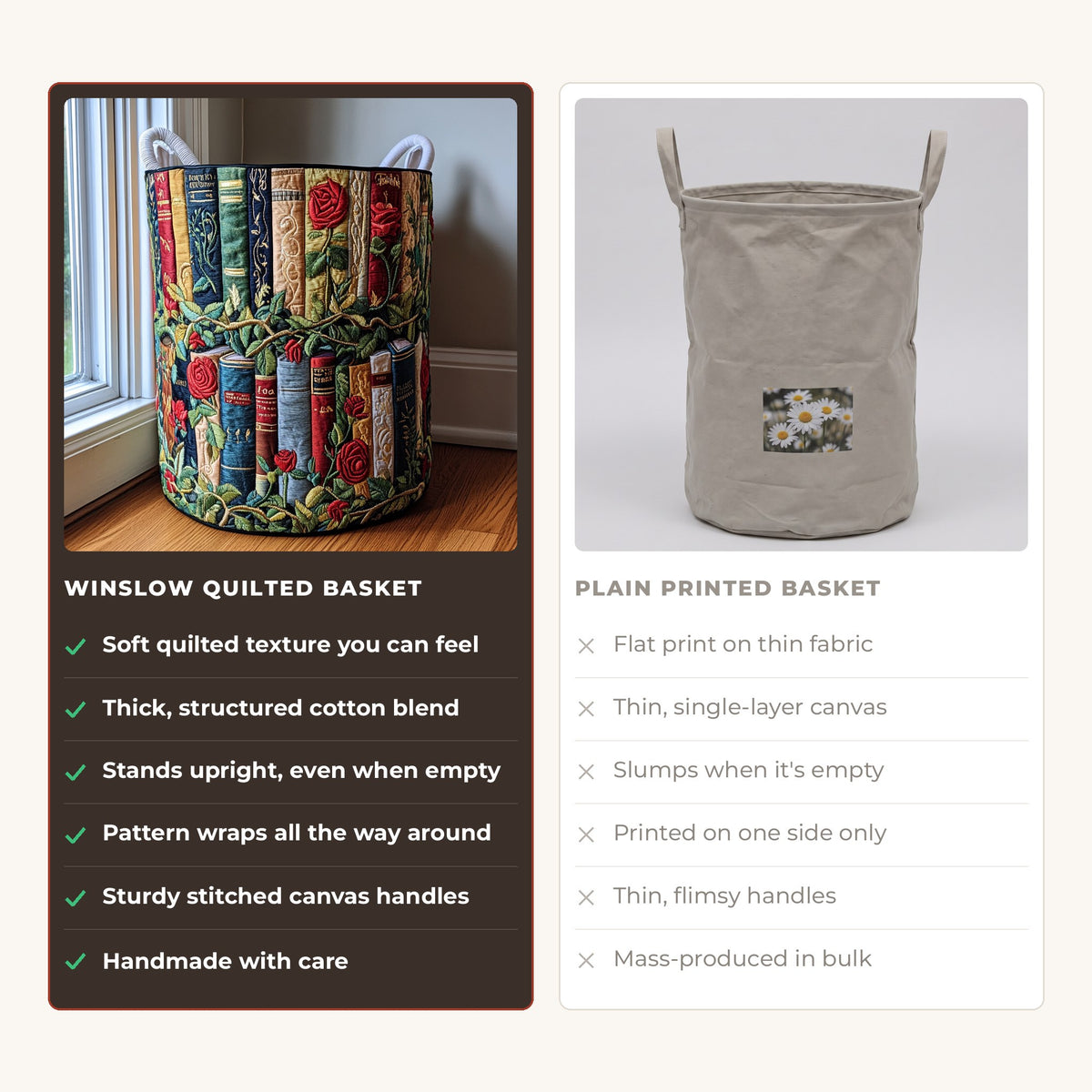 Quilted Laundry Basket - Books in the Woods compared with a plain printed basket