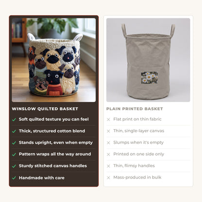Quilted Laundry Basket - Bulldog Spirit compared with a plain printed basket