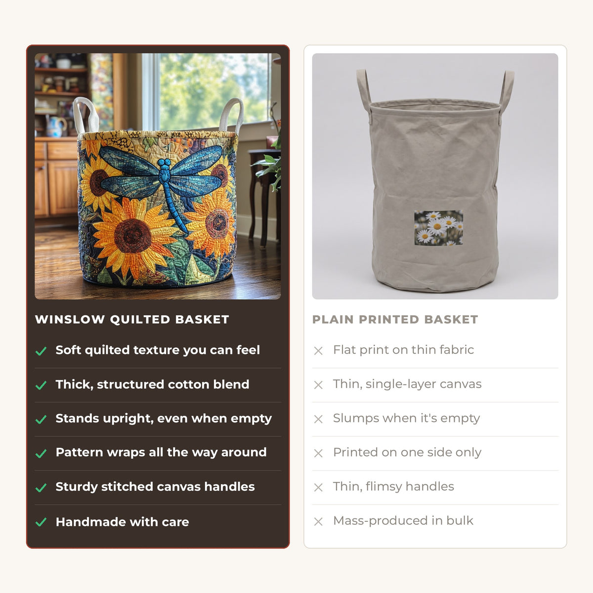 Quilted Laundry Basket - Butterfly compared with a plain printed basket