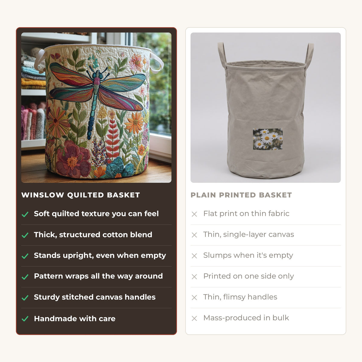 Quilted Laundry Basket - Butterfly Garden compared with a plain printed basket