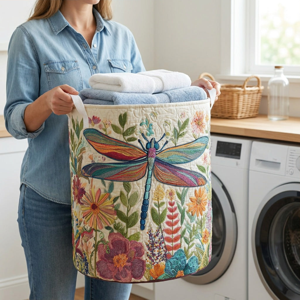 Quilted Laundry Basket - Butterfly Garden held in a laundry room, filled with towels