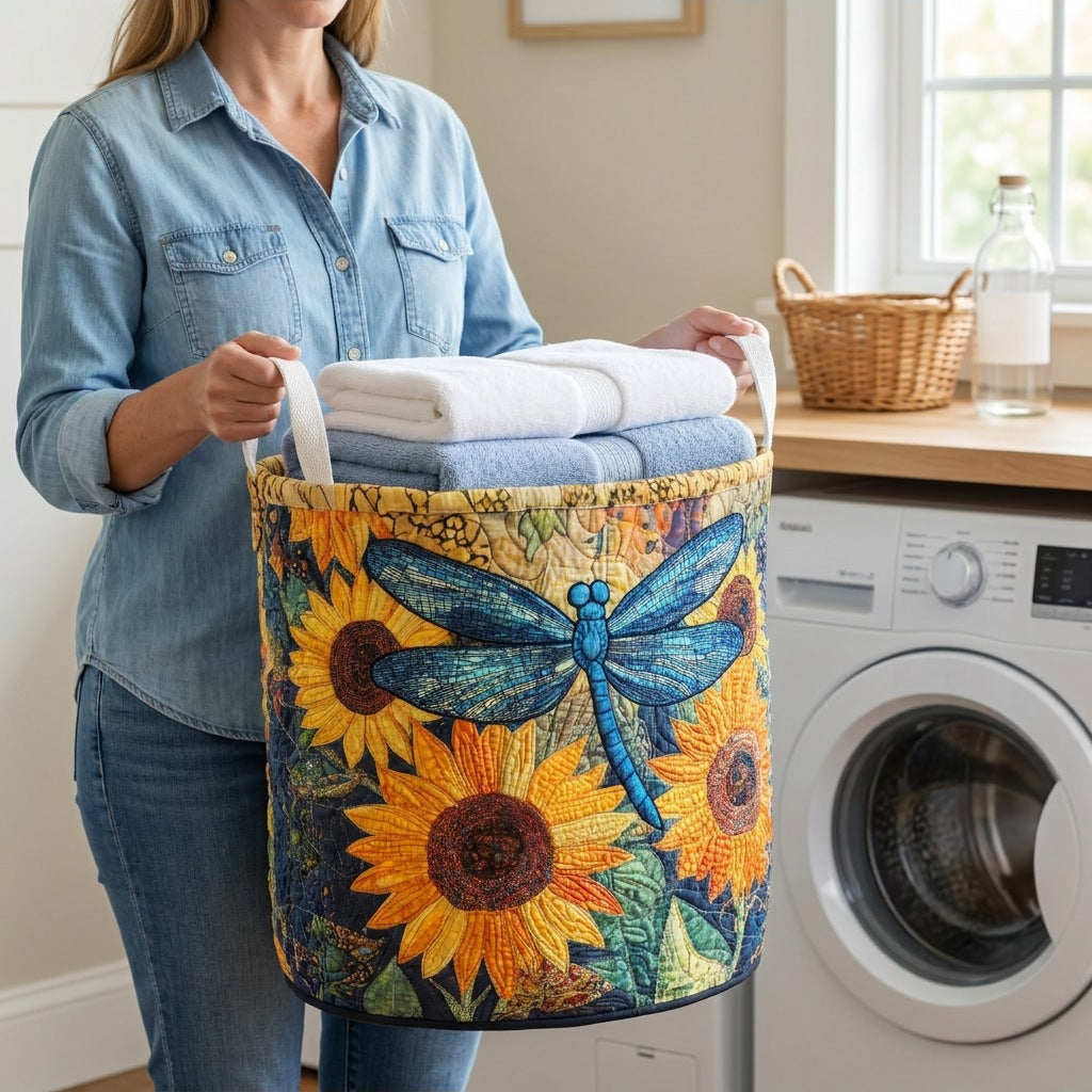 Quilted Laundry Basket - Butterfly held in a laundry room, filled with towels