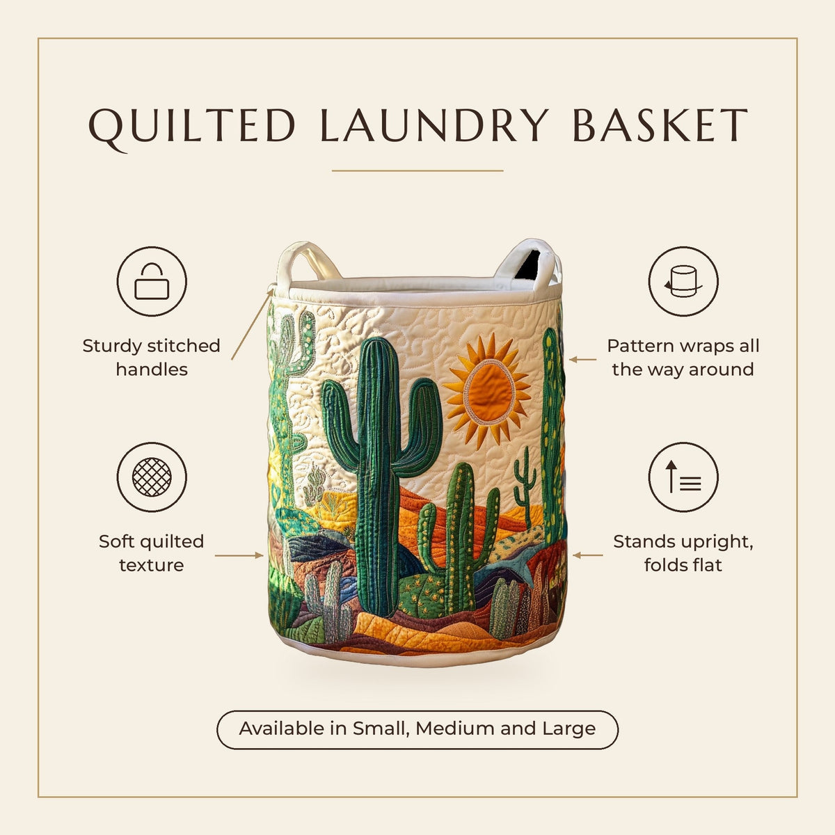 Quilted Laundry Basket - Cactus Horizon II features infographic