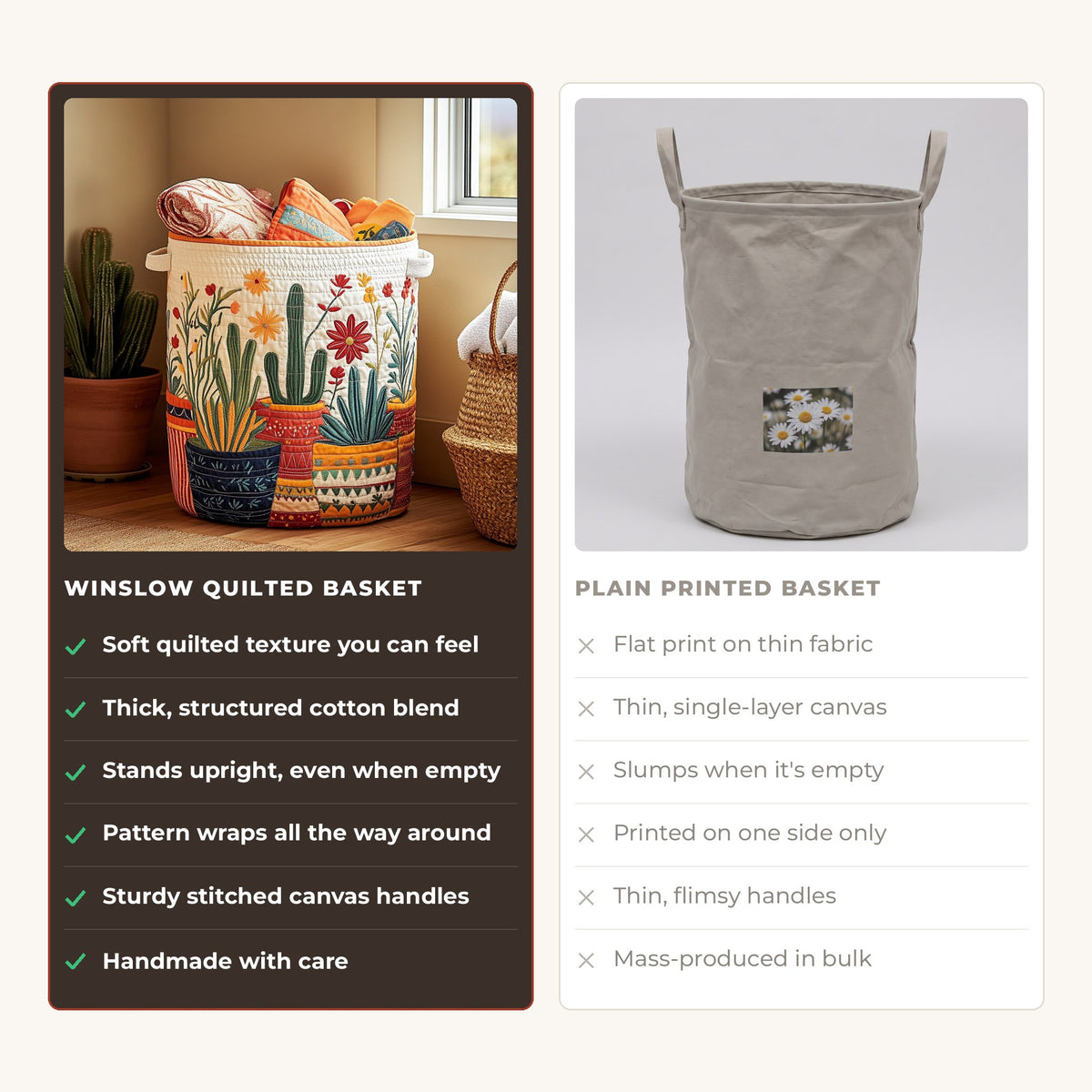 Quilted Laundry Basket - Cactus Sunset compared with a plain printed basket