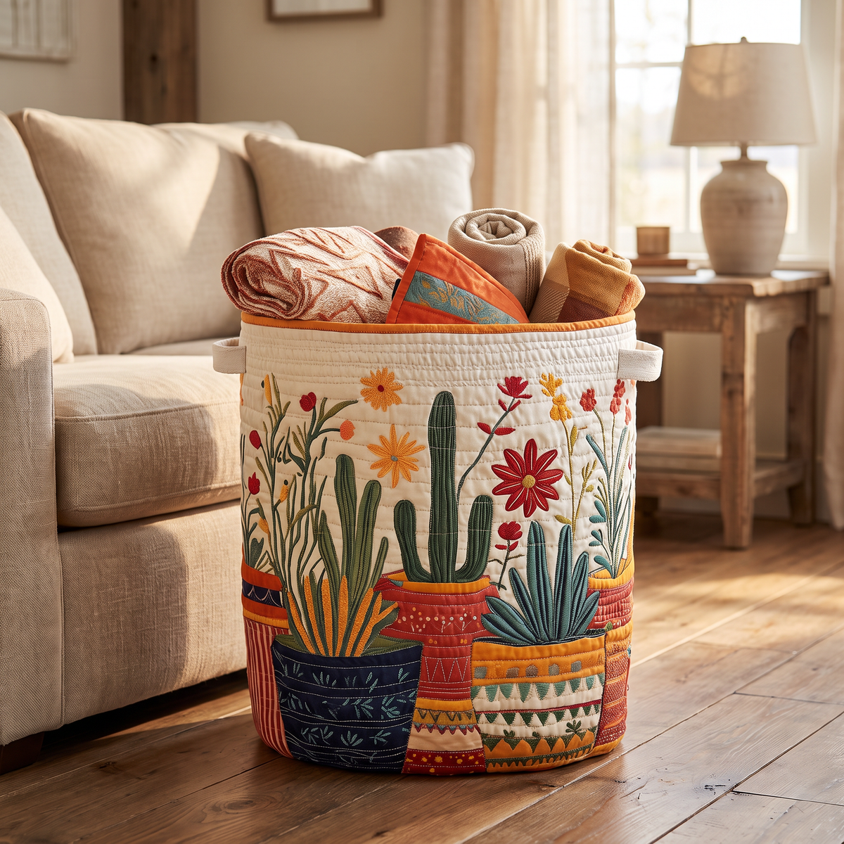 Quilted Laundry Basket - Cactus Sunset