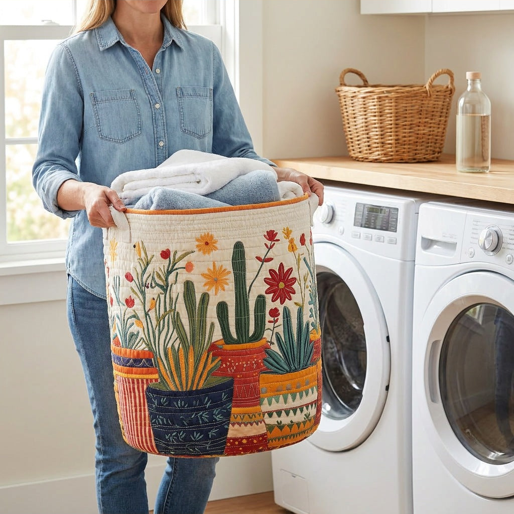 Quilted Laundry Basket - Cactus Sunset held in a laundry room, filled with towels
