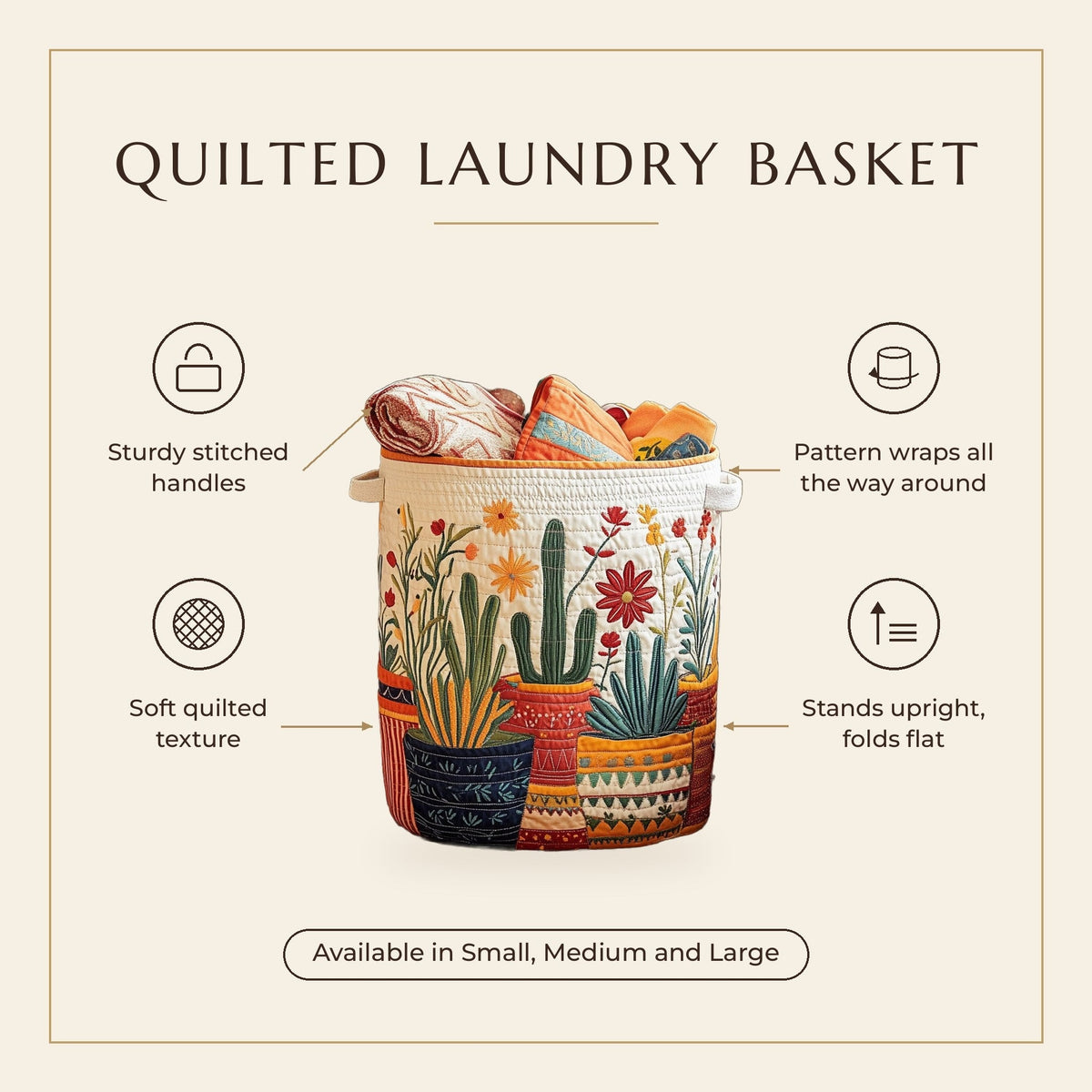 Quilted Laundry Basket - Cactus Sunset features infographic