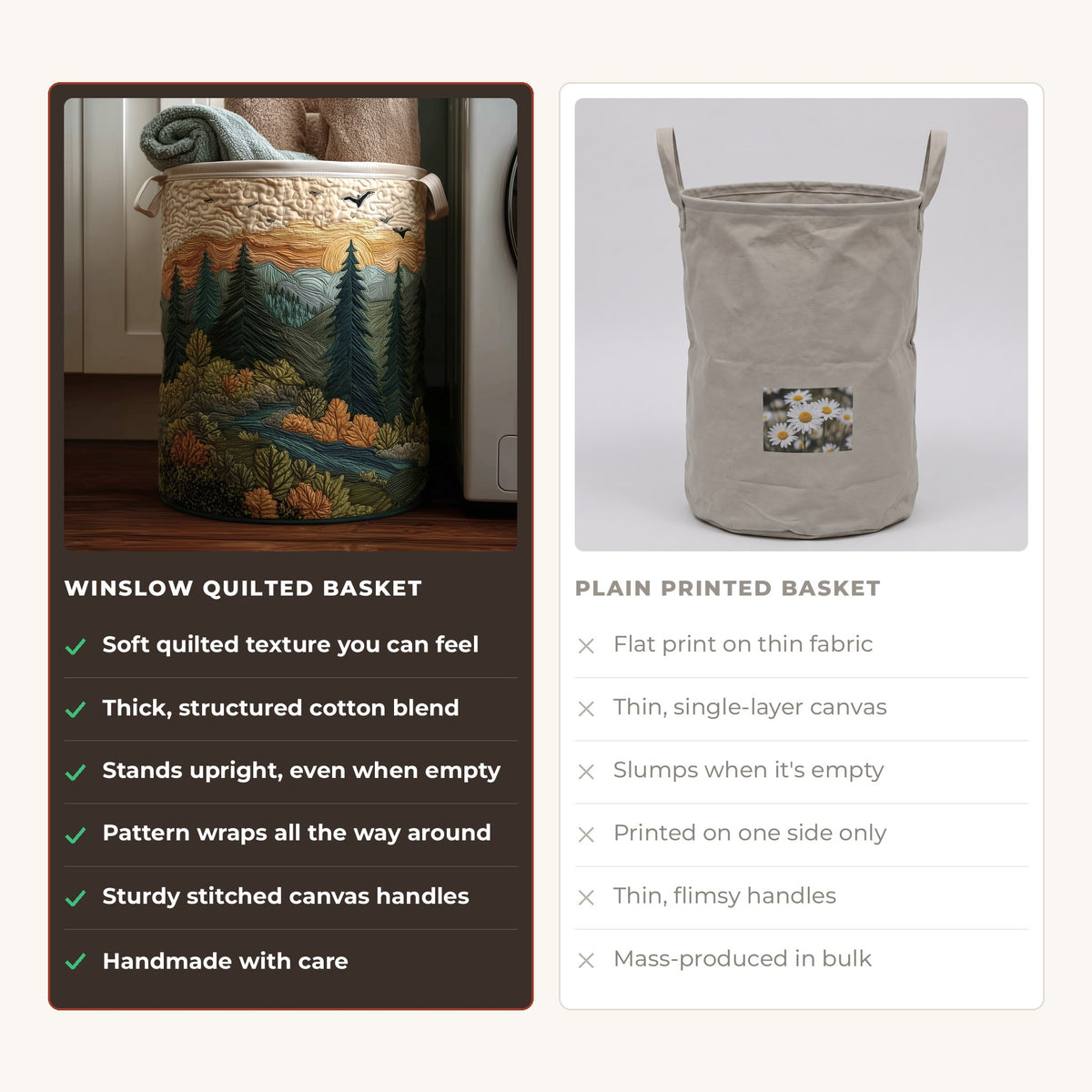 Quilted Laundry Basket - Calm Pines compared with a plain printed basket