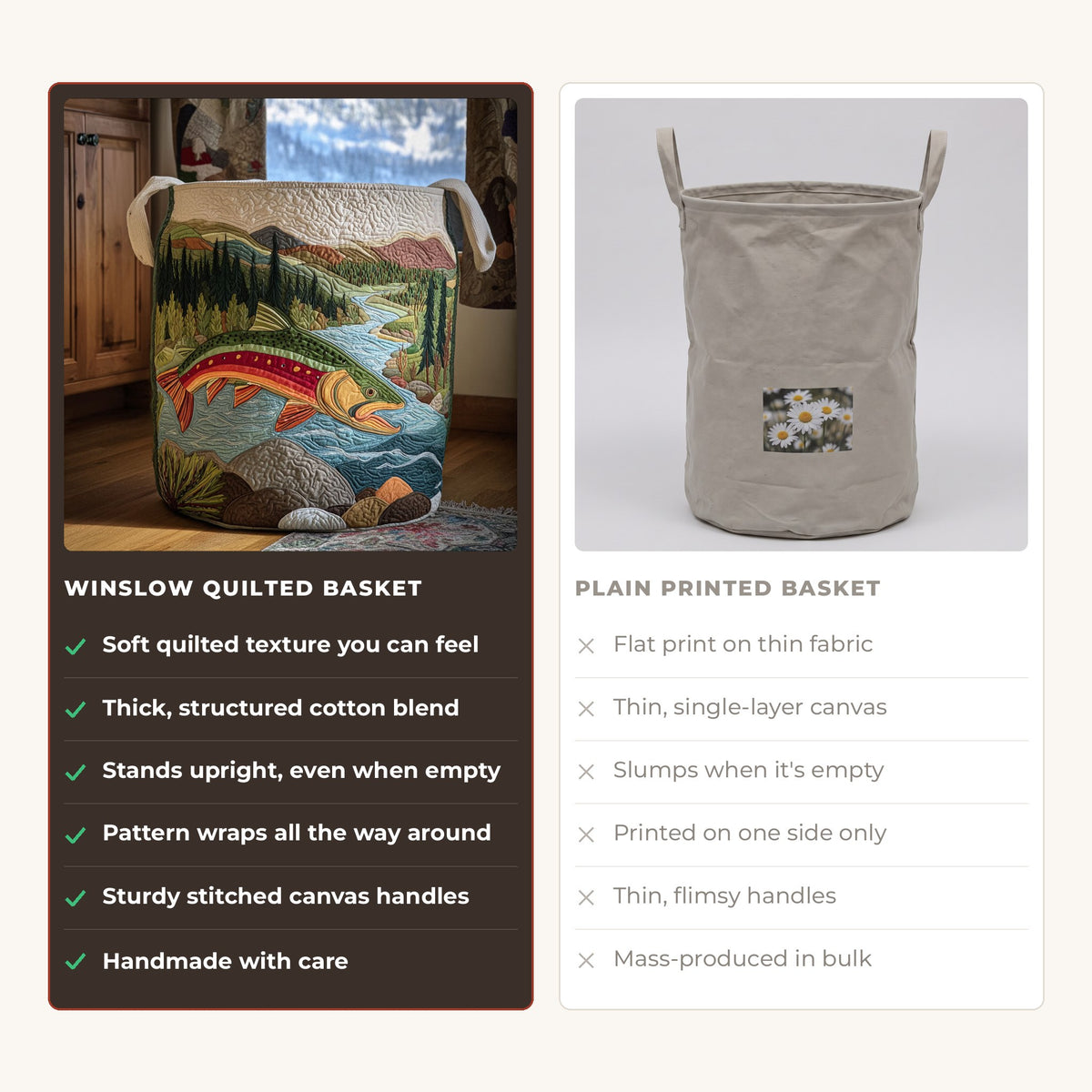 Quilted Laundry Basket - Calm Stream compared with a plain printed basket