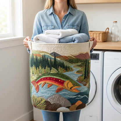 Quilted Laundry Basket - Calm Stream held in a laundry room, filled with towels