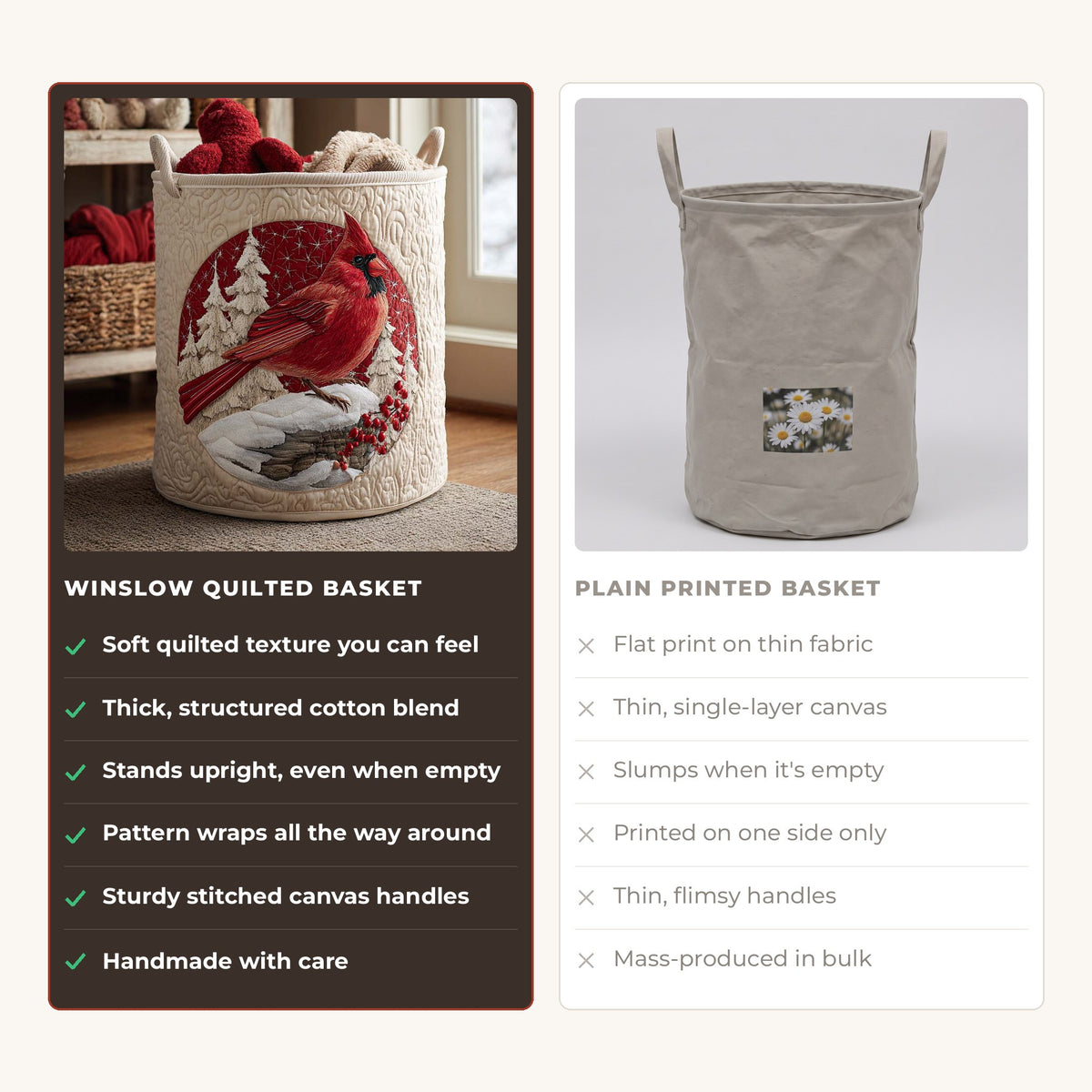 Quilted Laundry Basket - Cardinal Red compared with a plain printed basket