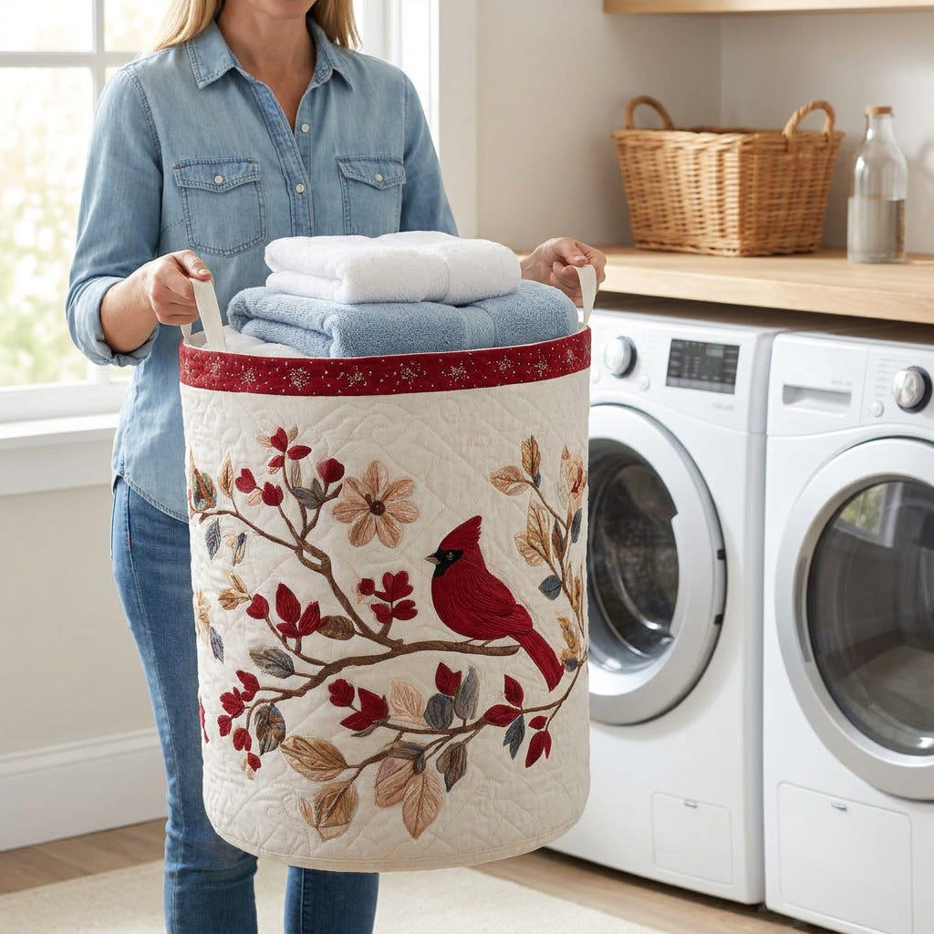Quilted Laundry Basket - Carmine Leaves held in a laundry room, filled with towels