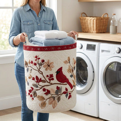 Quilted Laundry Basket - Carmine Leaves held in a laundry room, filled with towels