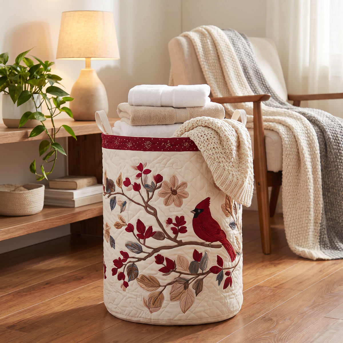 Quilted Laundry Basket - Carmine Leaves