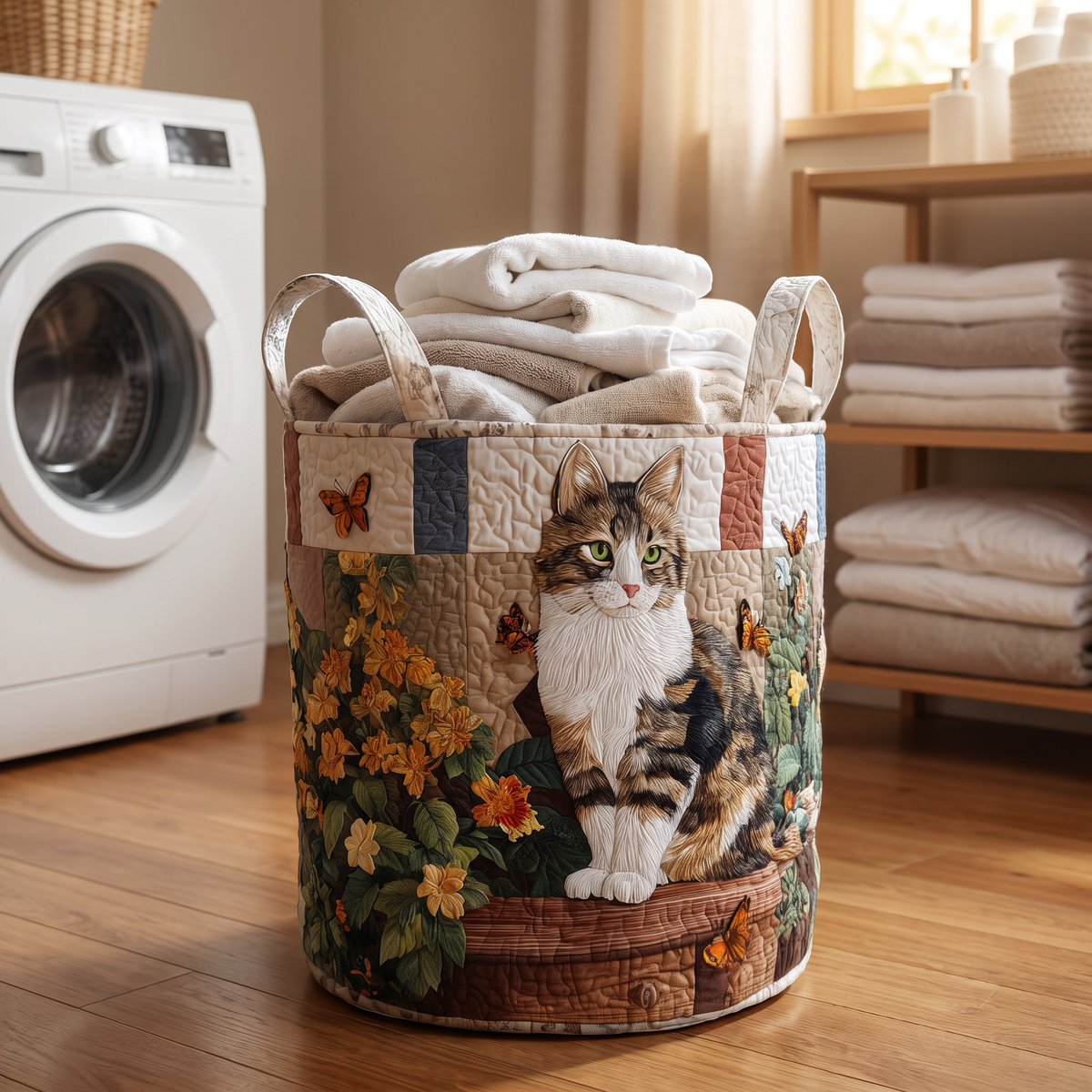 Quilted Laundry Basket - Cat Among the Petals
