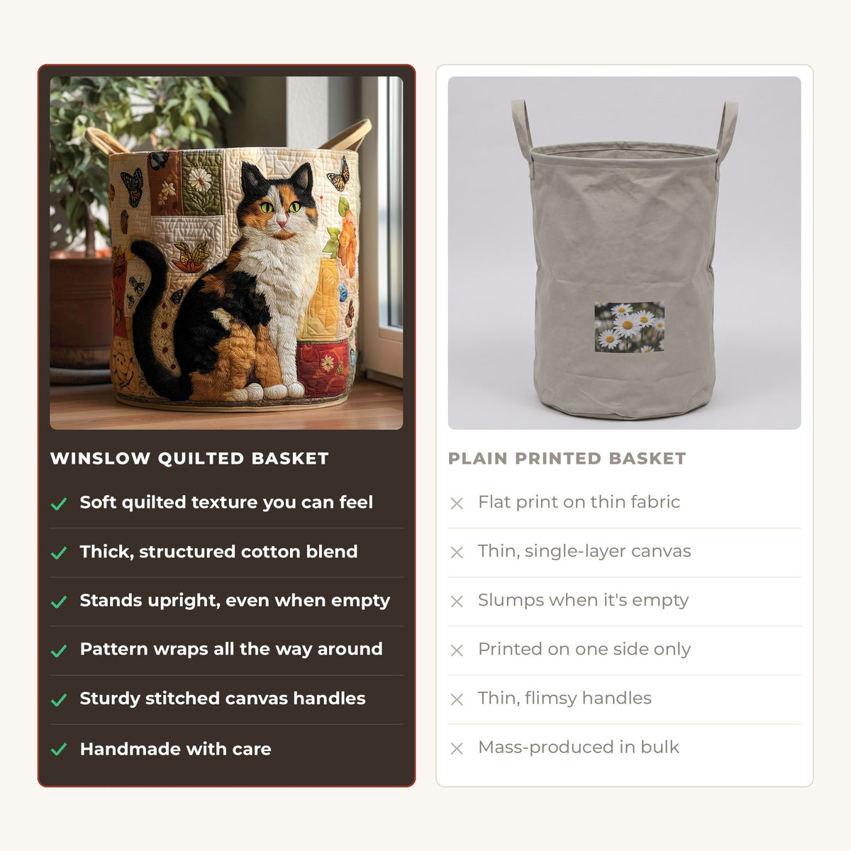 Quilted Laundry Basket - Cat Dreams compared with a plain printed basket