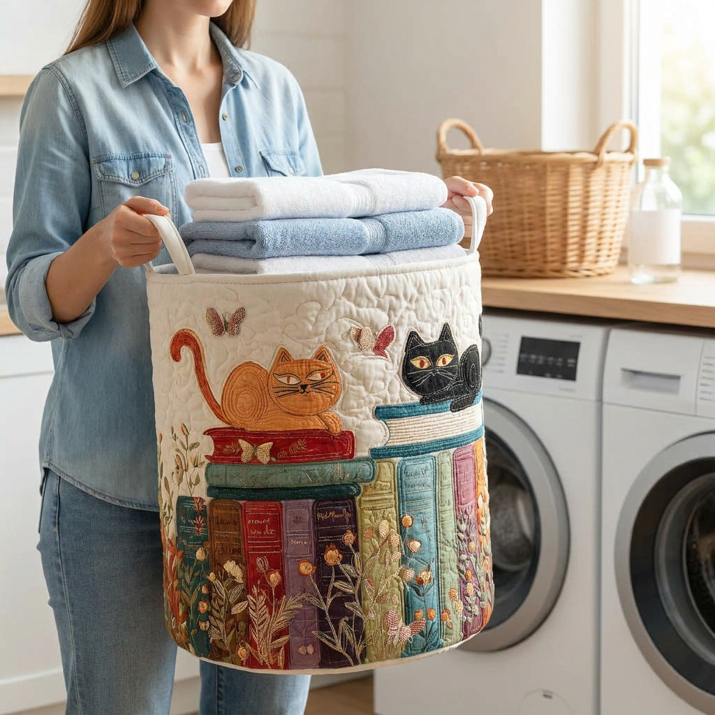 Quilted Laundry Basket - Cat held in a laundry room, filled with towels