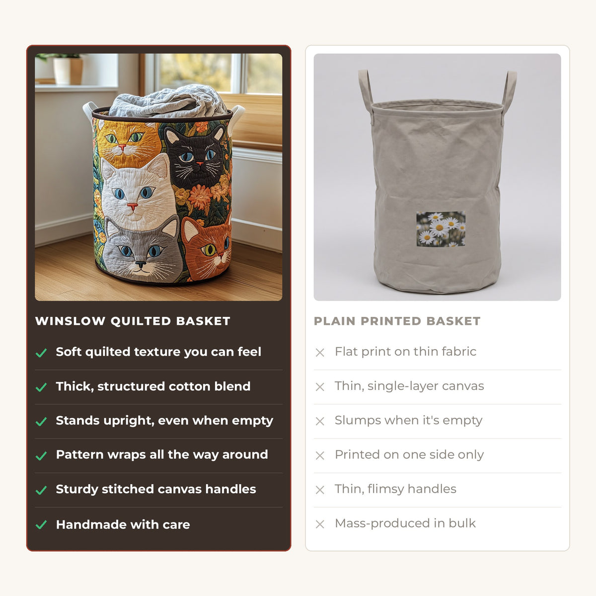 Quilted Laundry Basket - Cat Meadow compared with a plain printed basket