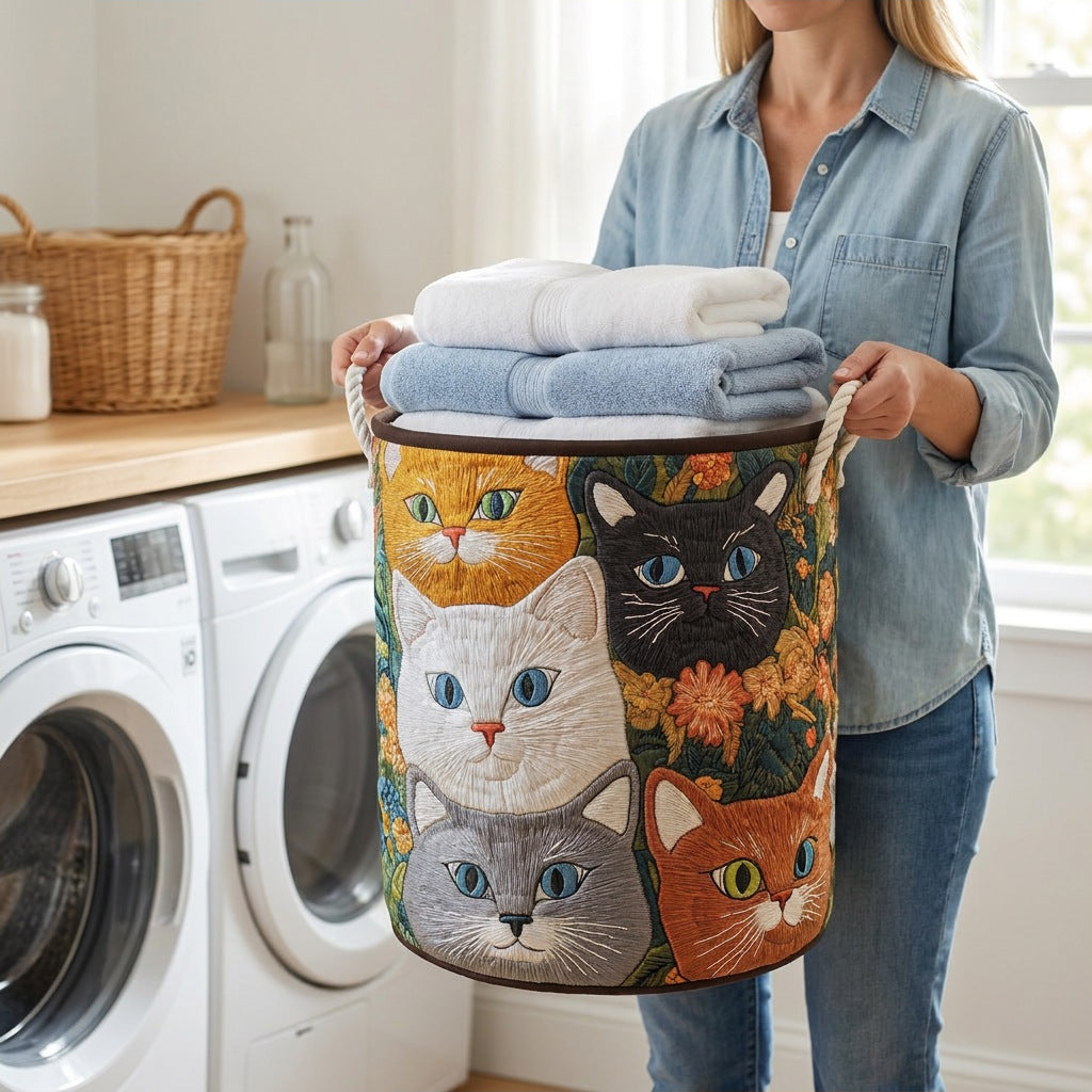 Quilted Laundry Basket - Cat Meadow held in a laundry room, filled with towels