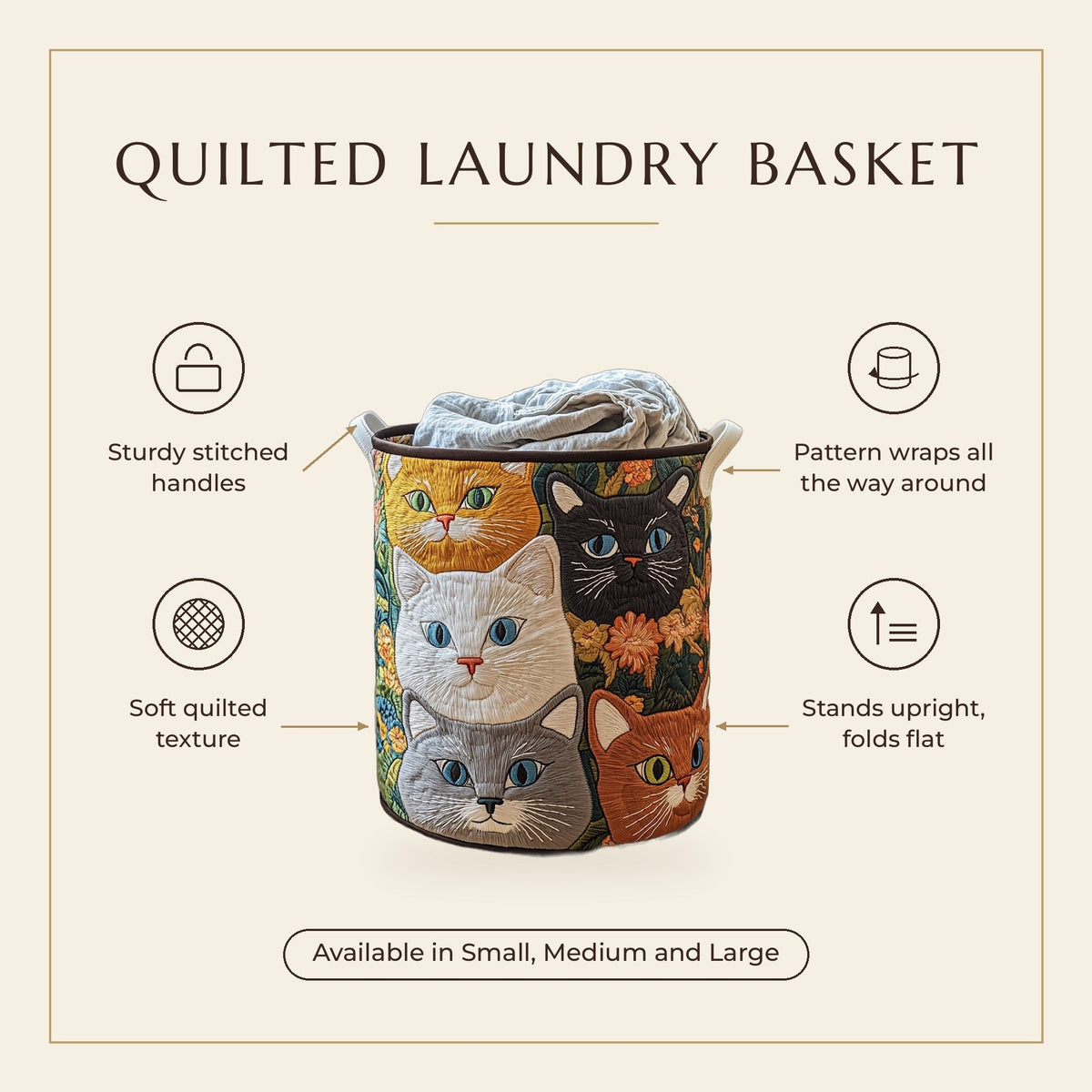 Quilted Laundry Basket - Cat Meadow features infographic