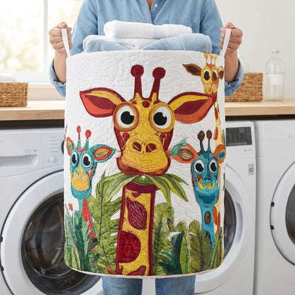 Quilted Laundry Basket - Catch Me If You Can held in a laundry room, filled with towels