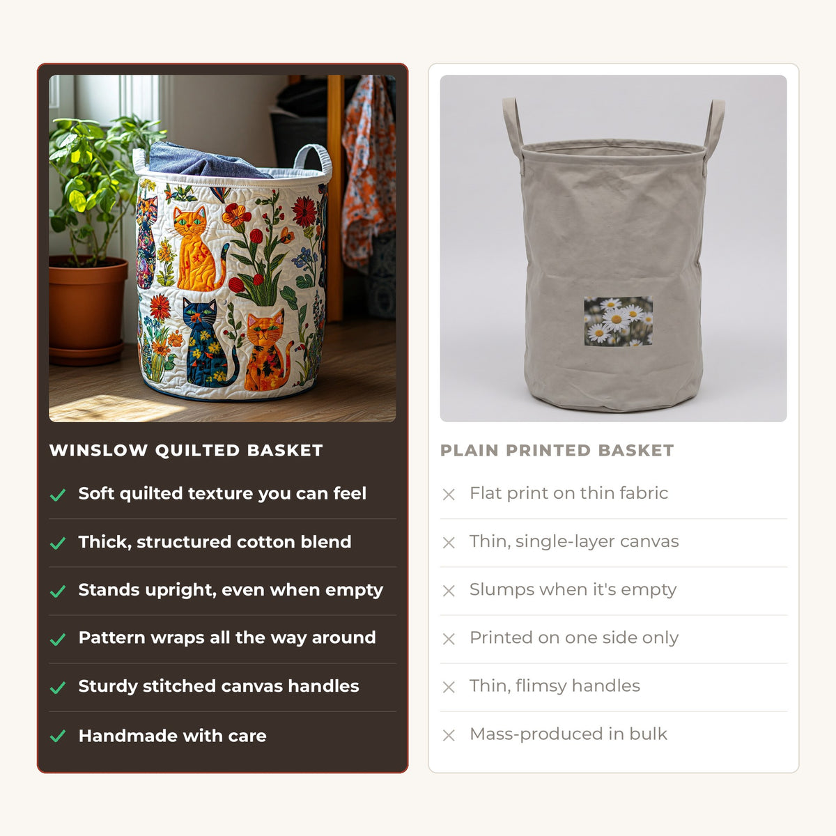 Quilted Laundry Basket - Cats compared with a plain printed basket