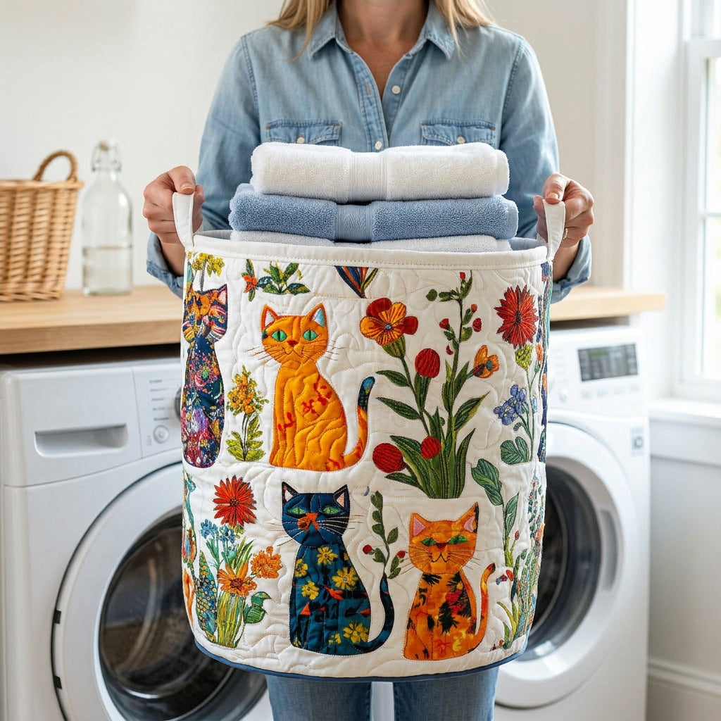 Quilted Laundry Basket - Cats held in a laundry room, filled with towels