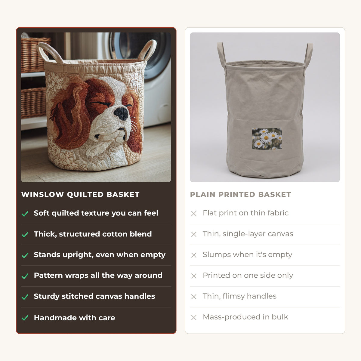Quilted Laundry Basket - Cavalier King Charles compared with a plain printed basket