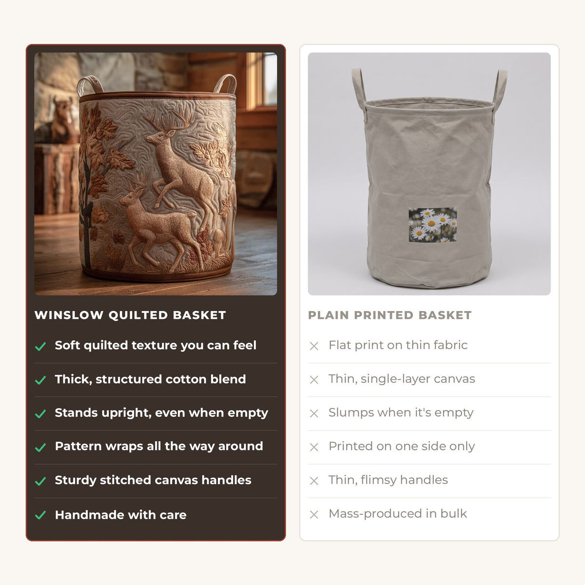 Quilted Laundry Basket - Cedar Peak compared with a plain printed basket
