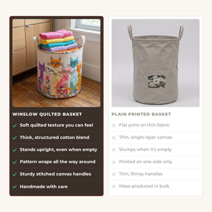 Quilted Laundry Basket - Cheerful Cat Patch compared with a plain printed basket