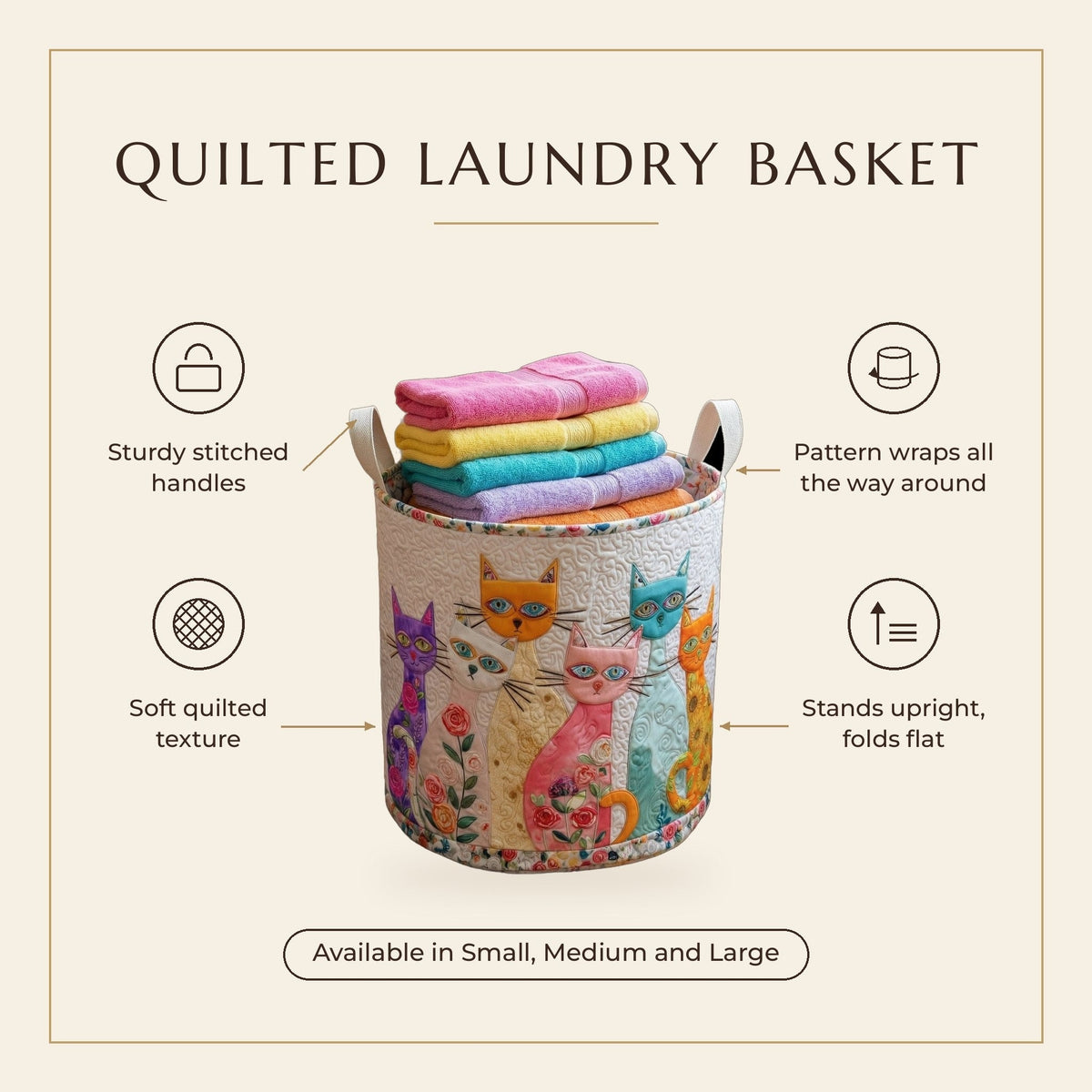 Quilted Laundry Basket - Cheerful Cat Patch features infographic