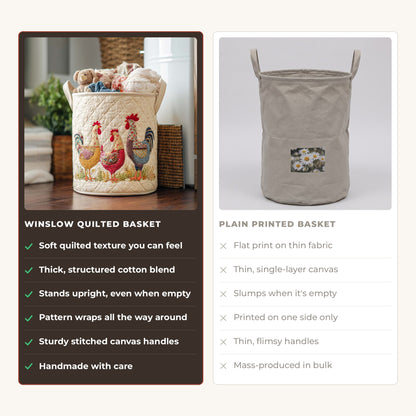 Quilted Laundry Basket - Cheerful Chicken Coop compared with a plain printed basket