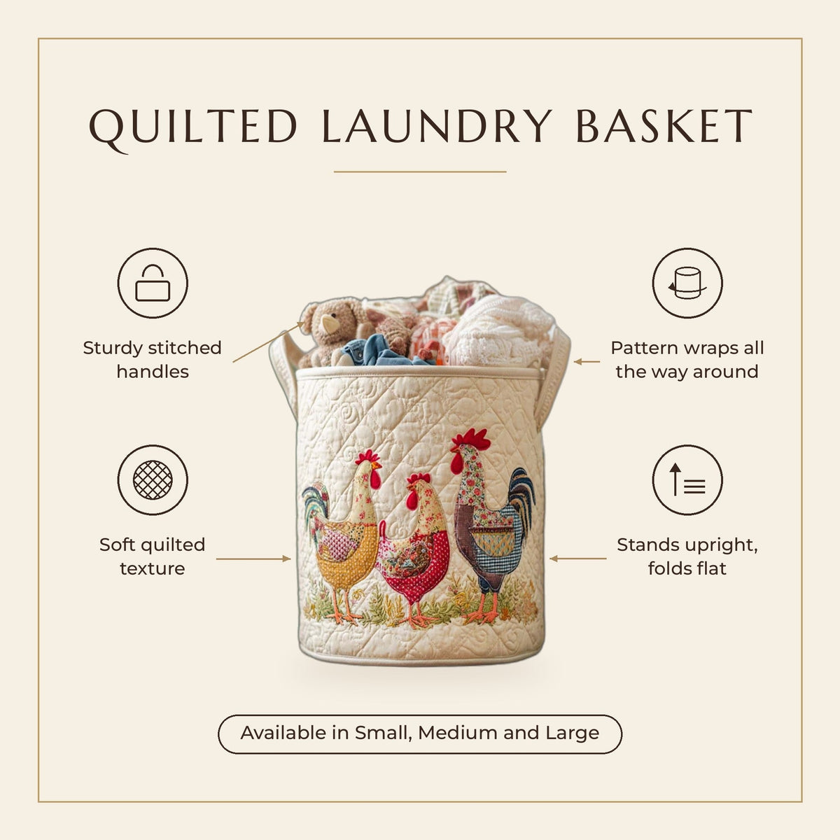 Quilted Laundry Basket - Cheerful Chicken Coop features infographic