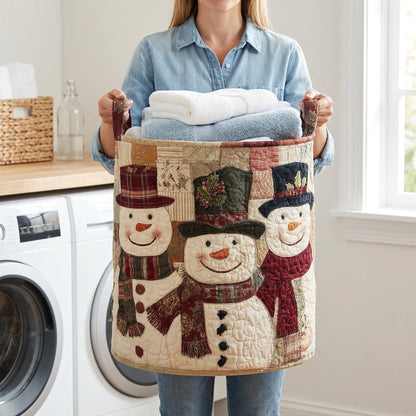 Quilted Laundry Basket - Cheerful Spirit held in a laundry room, filled with towels