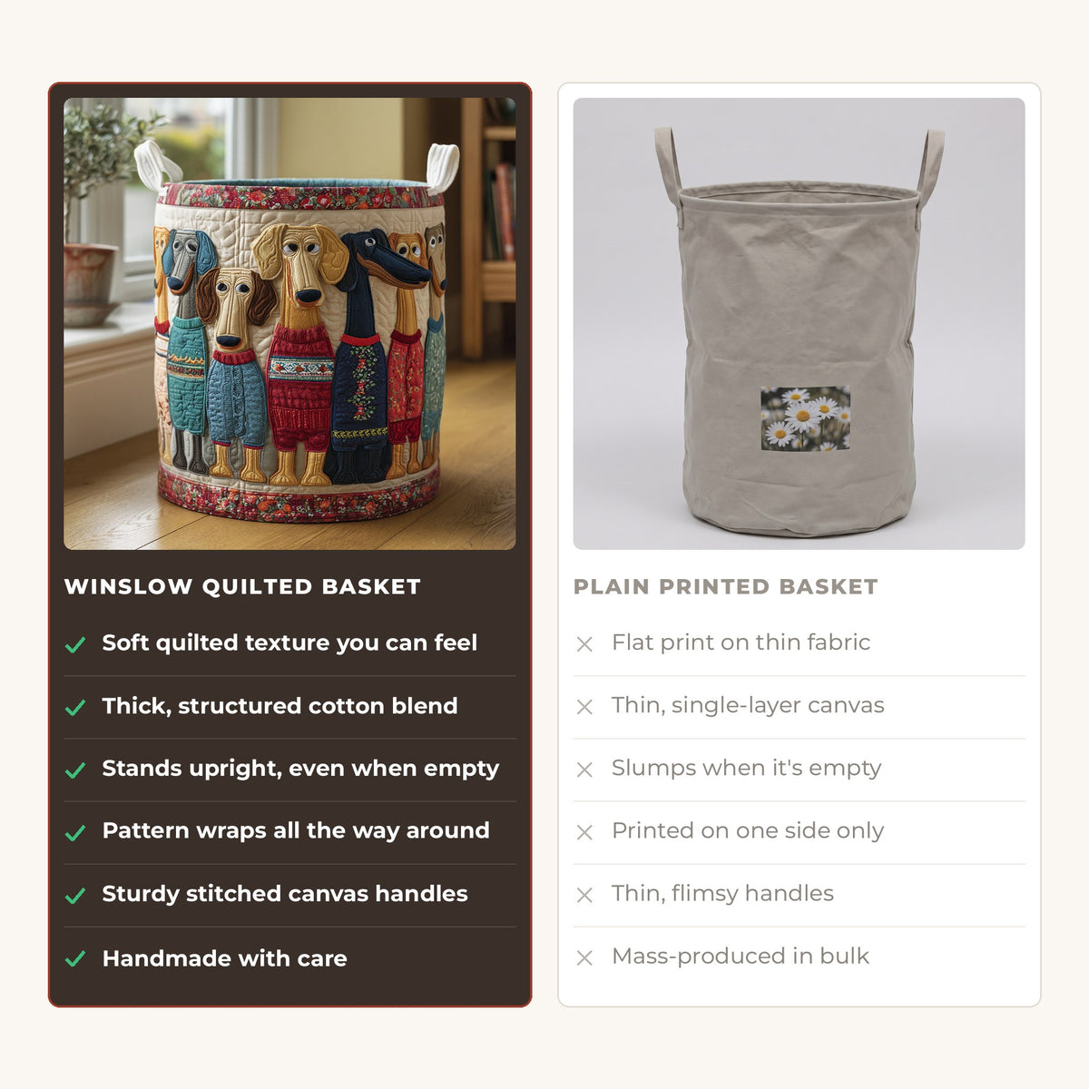 Quilted Laundry Basket - Cheerful Whiskers compared with a plain printed basket