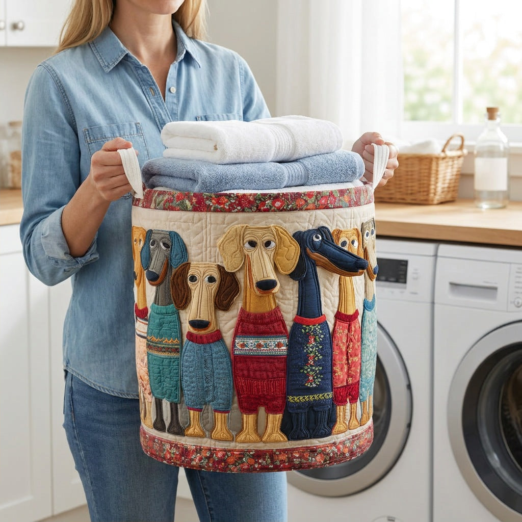 Quilted Laundry Basket - Cheerful Whiskers held in a laundry room, filled with towels