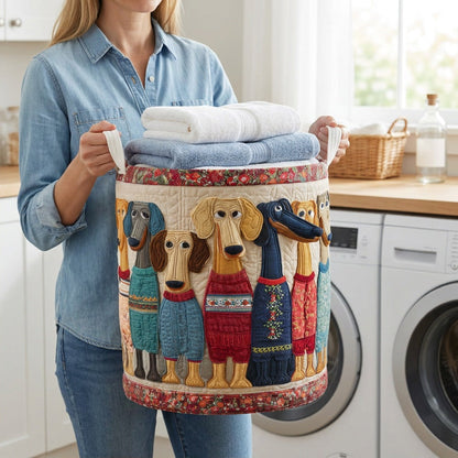 Quilted Laundry Basket - Cheerful Whiskers held in a laundry room, filled with towels