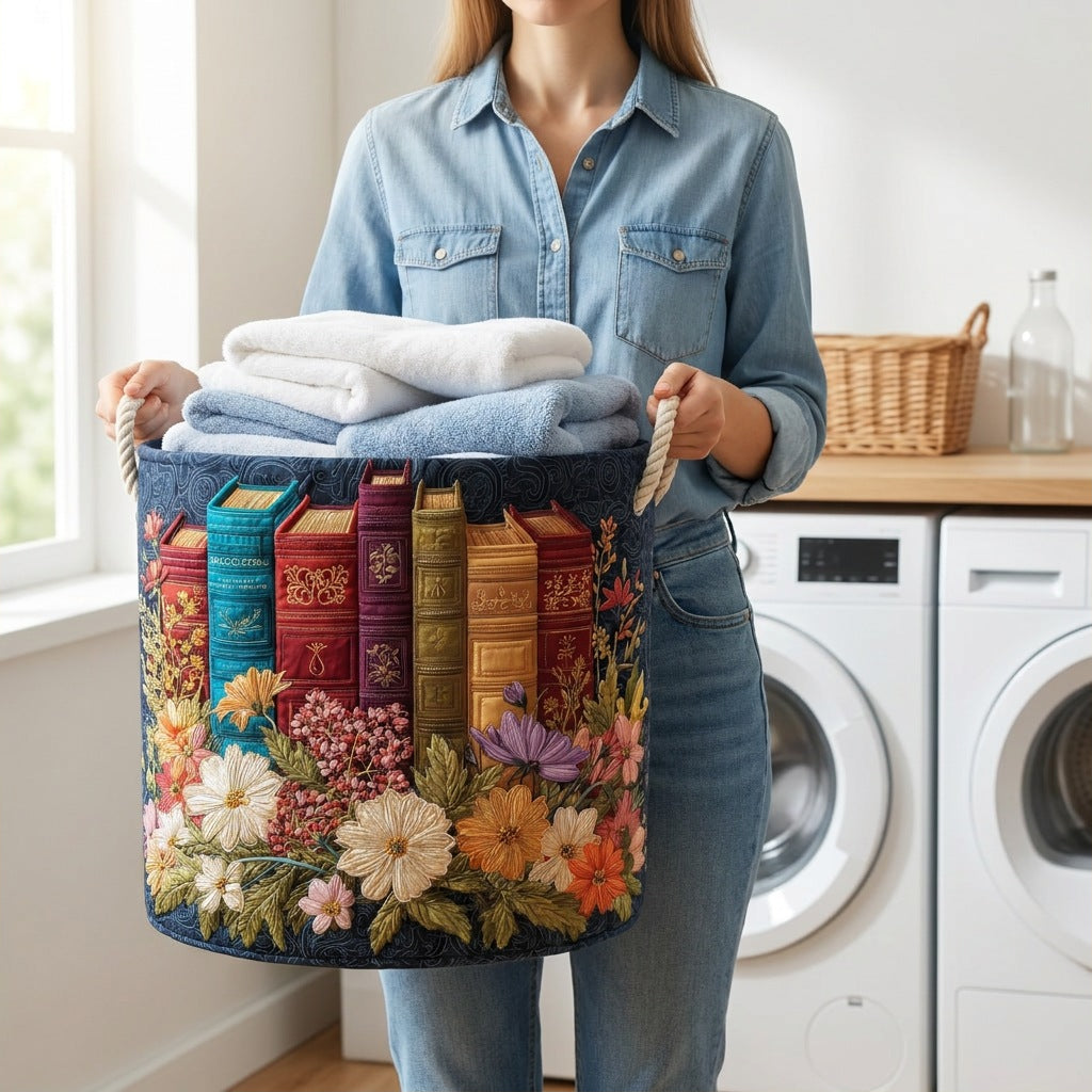 Quilted Laundry Basket - Classic Style held in a laundry room, filled with towels