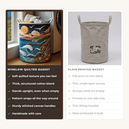 Quilted Laundry Basket - Coast at Dawn compared with a plain printed basket
